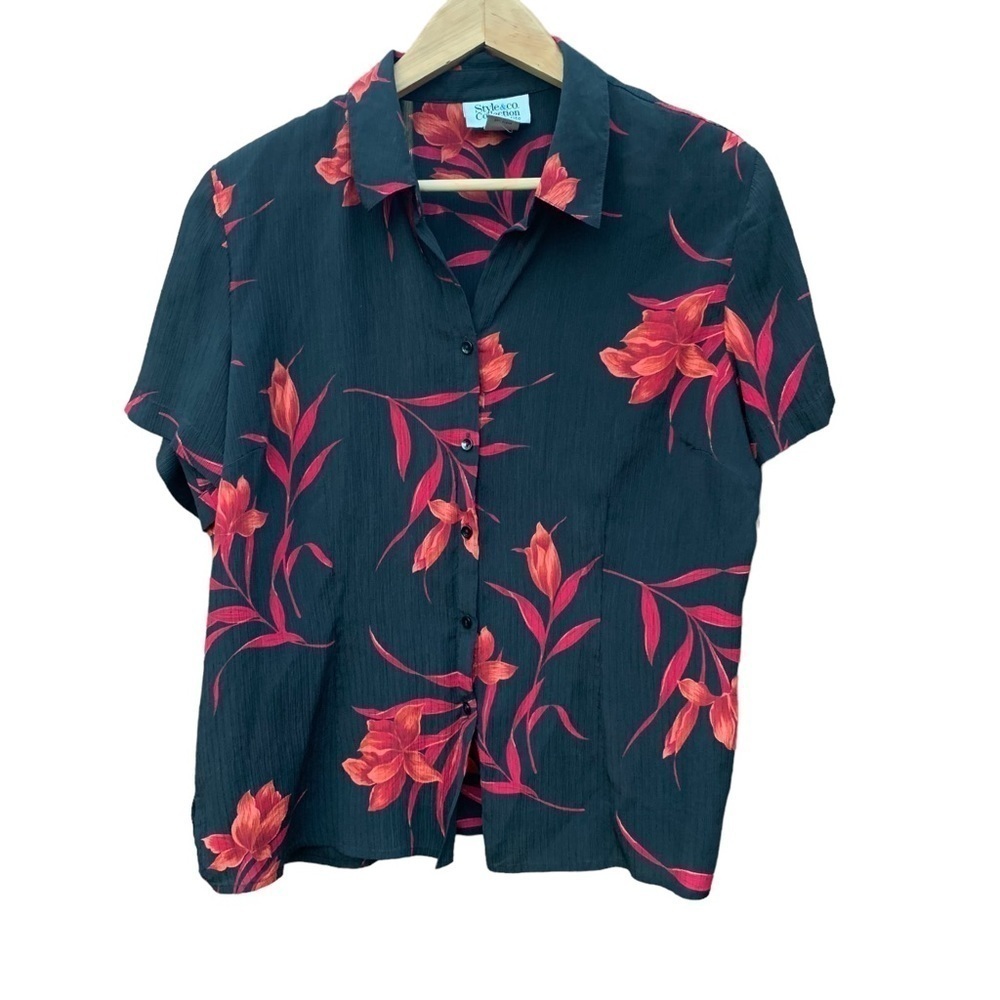 Style & Co women's 100% silk button down shirt sleeve black blouse size 8P